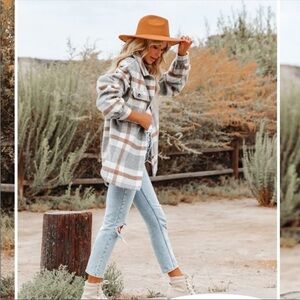 Vici Gray and Brown Plaid Lightweight Shirt Jacket